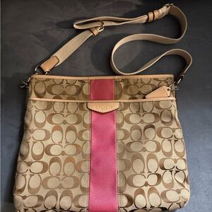 Coach Tan/Brown Crossbody Bag with Pink Center Stripe
